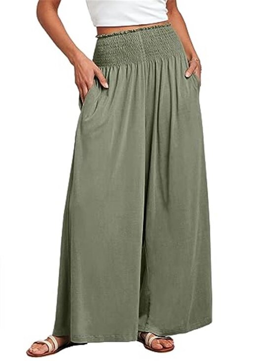 ANRABESS Pants - Sage Green Palazzo Pants High Smocked Waist Wide Leg Lounge Trousers